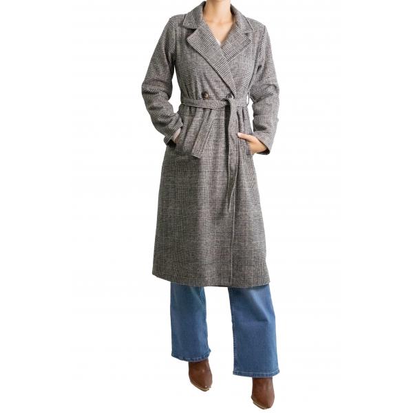 Cappotto a quadri lungo con due bottoni e cinta in vita